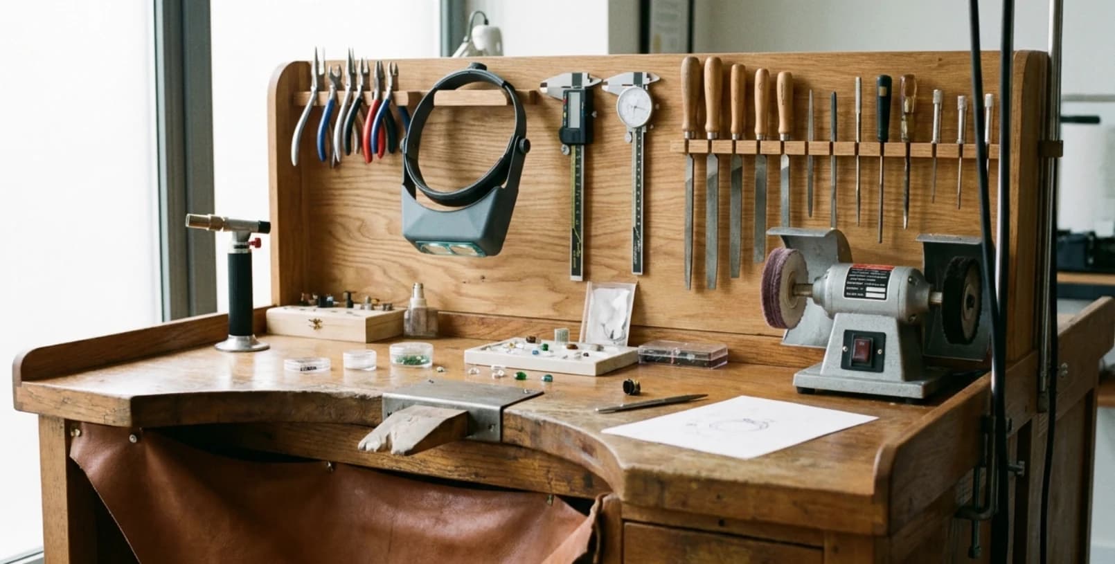 A jeweller’s bench, hand tools and pliers racked along the back board within reach of the seat.