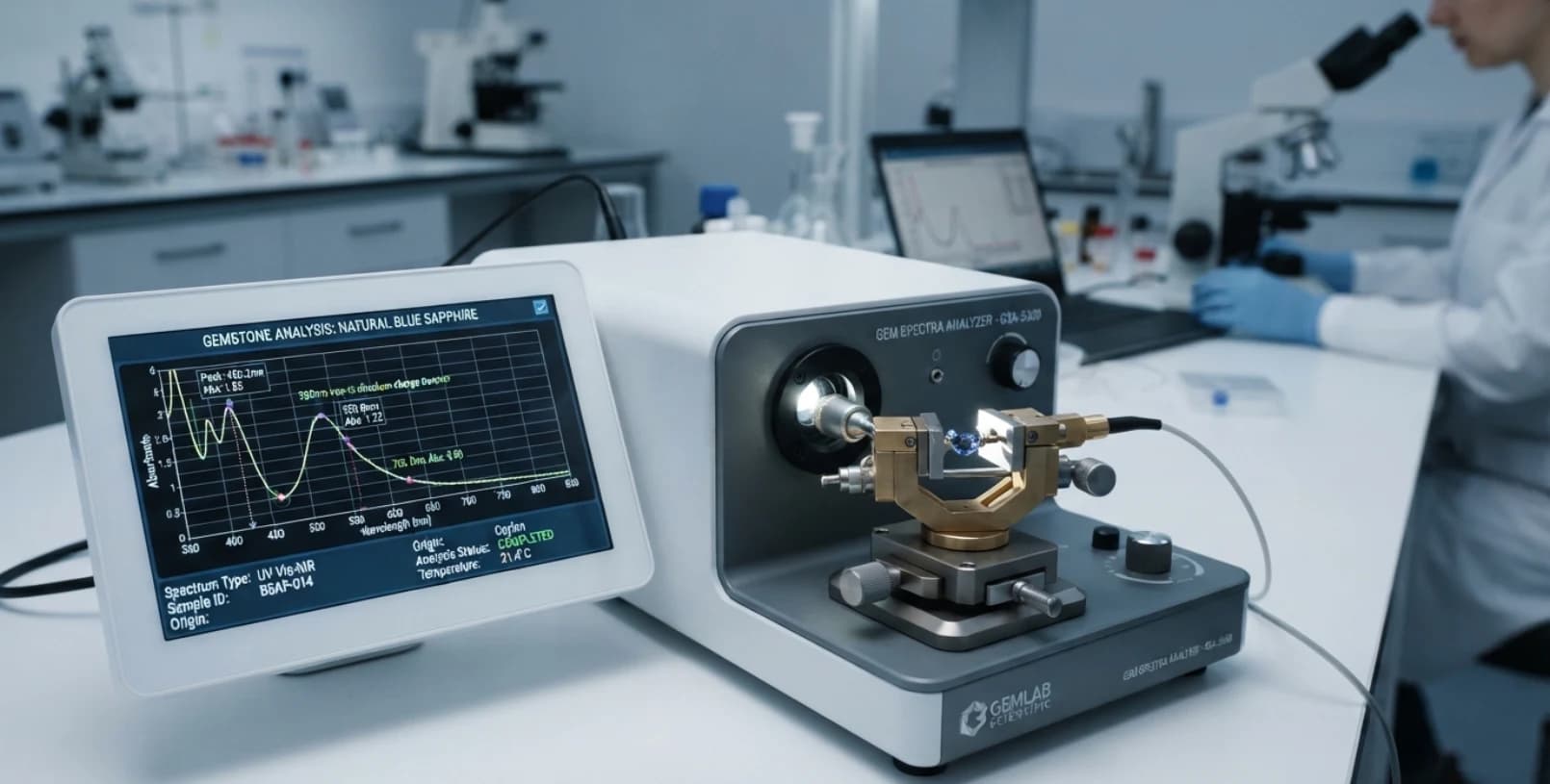 A gem spectrometer on a laboratory bench, a stone mounted in its holder and an absorption spectrum on the attached display.