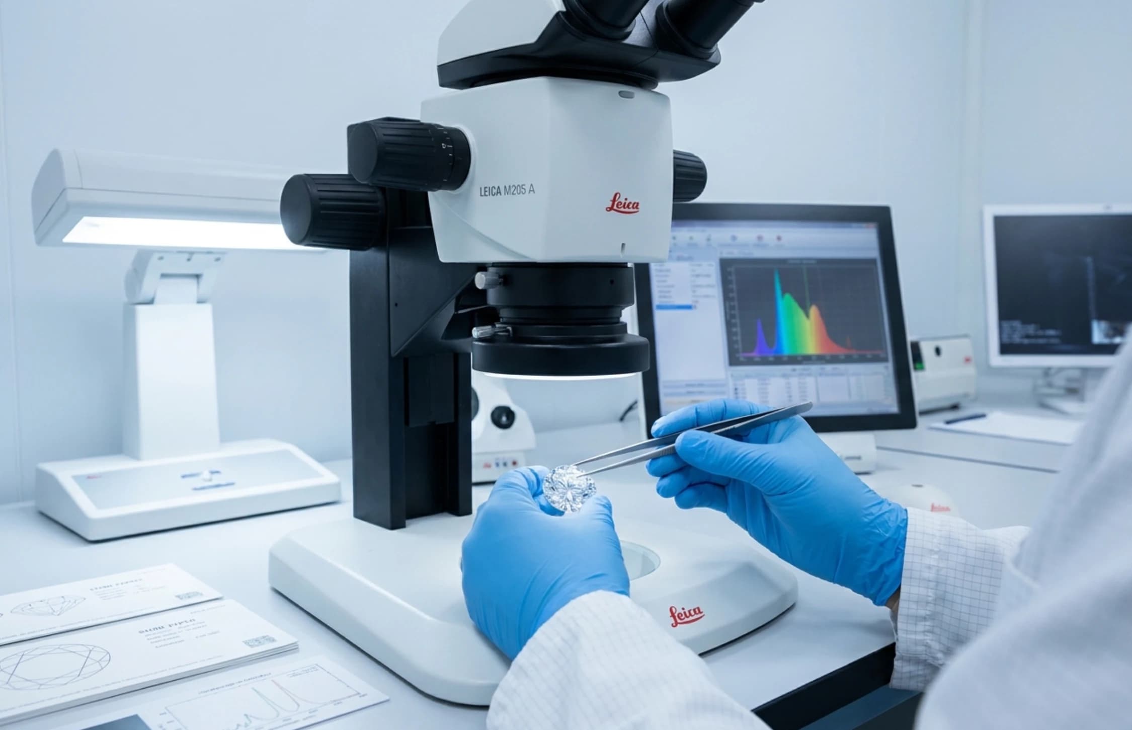 A gemmologist in gloves holding a large round brilliant in tweezers at a stereo microscope, an absorption spectrum on the screen behind.