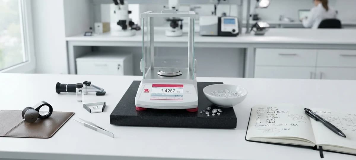 A precision balance on a granite slab reading a carat weight, a bowl of loose diamonds and a written record beside it.