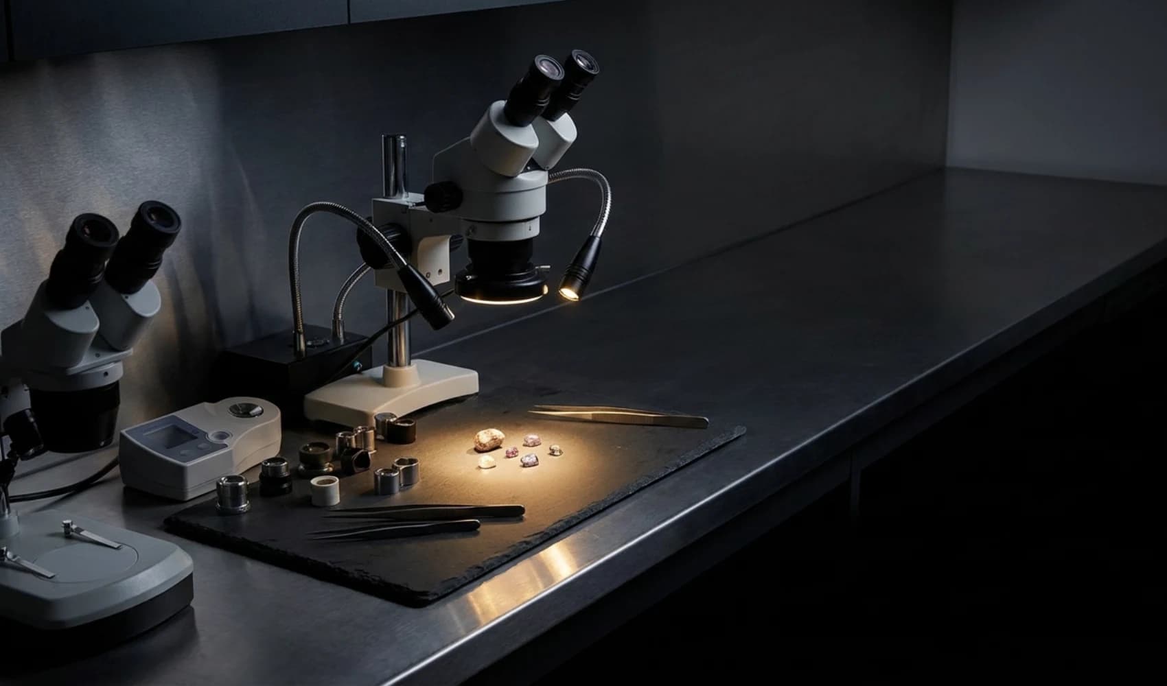 A dark instrument bench, a stereo microscope lit over a slate tray of small stones and tweezers, the counter running away into shadow.
