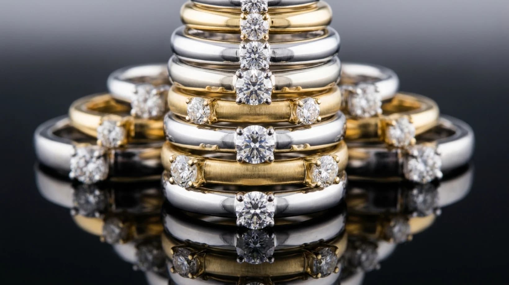 Diamond-set bands in white and yellow gold stacked on a dark reflective surface.