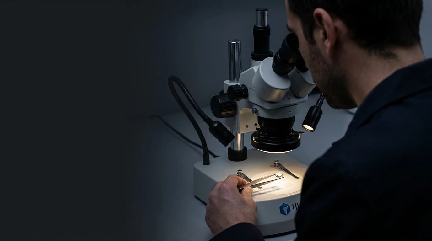 A gemmologist seen from behind at a stereo microscope, a stone held in tweezers under the lit stage.