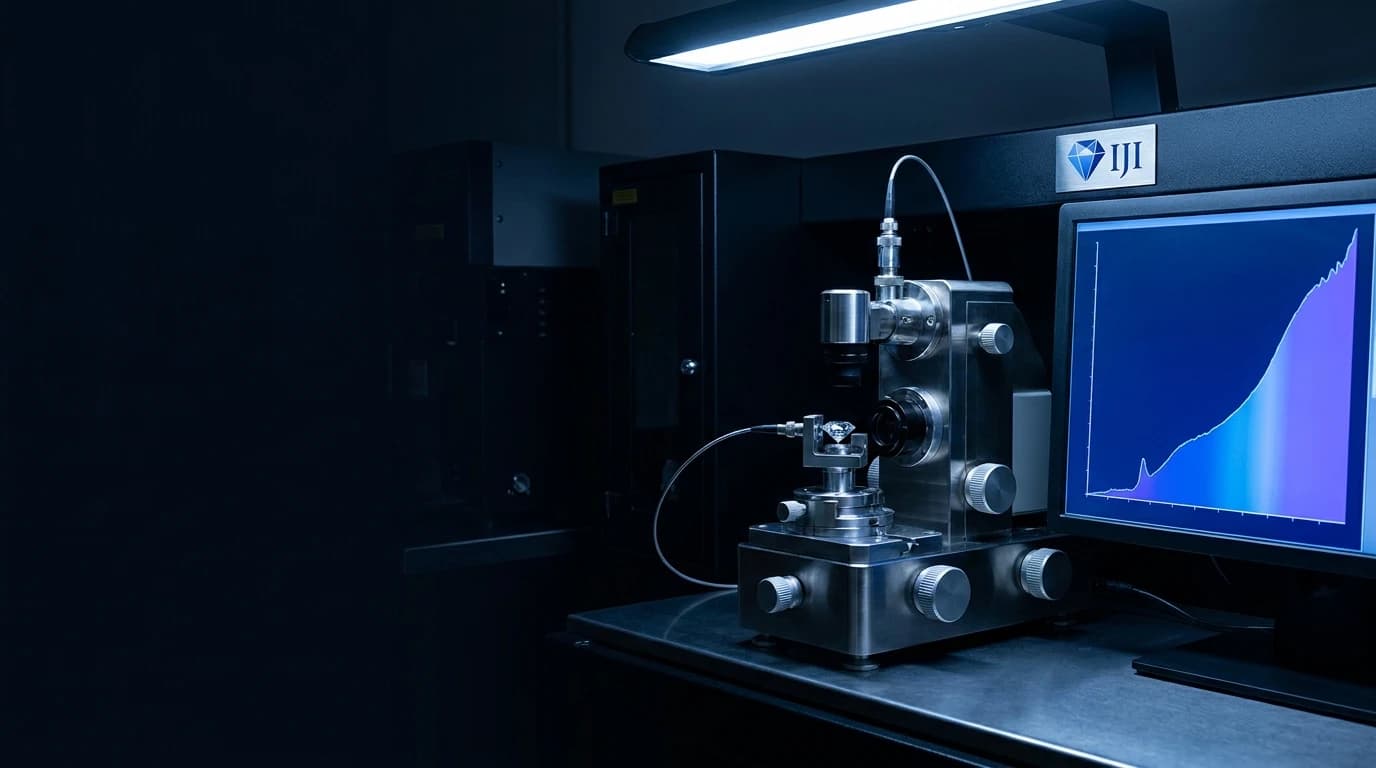 A spectrometer with a diamond mounted in its holder, an absorption spectrum drawn on the screen beside it.