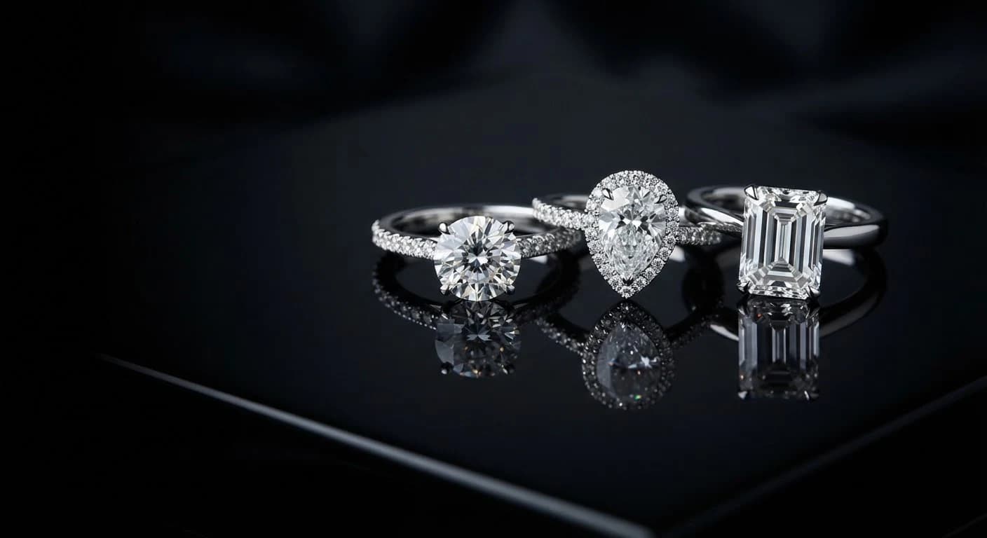 Three white metal diamond rings standing side by side on a dark reflective surface: a round solitaire on a pavé band, a pear-cut stone inside a halo, and an emerald cut in a plain four-claw setting.