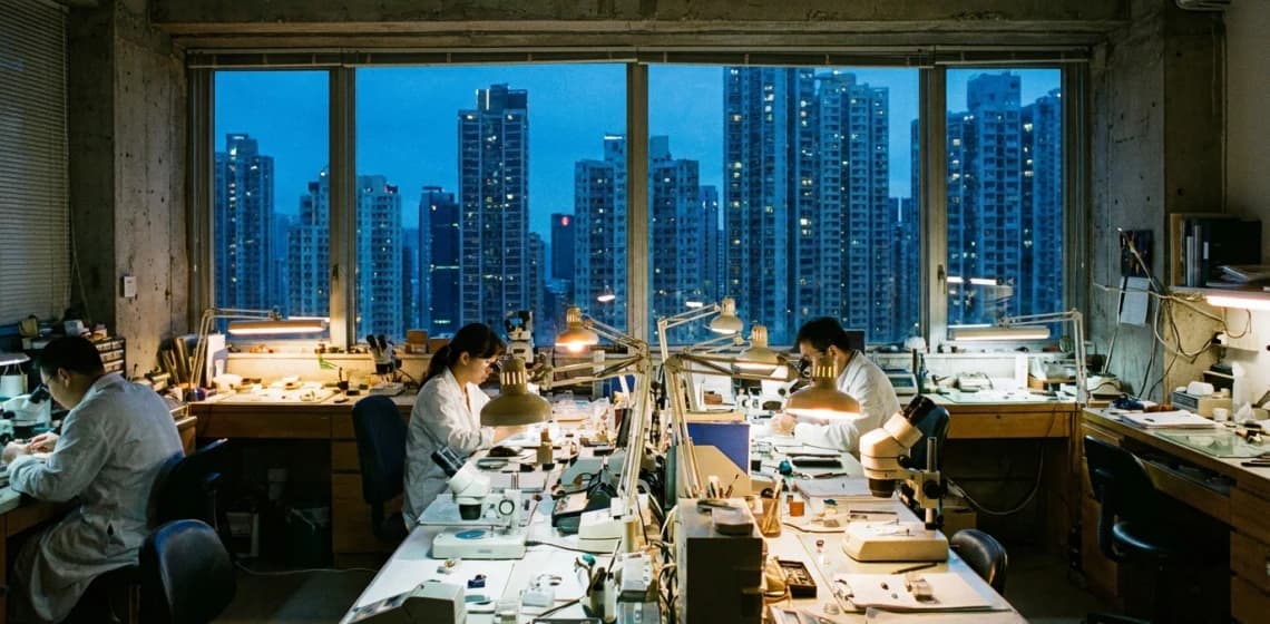 Gemmologists working under bench lamps at dusk, lit apartment towers filling the window behind them.