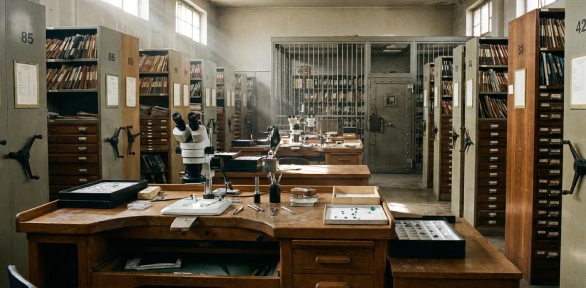 An archive room lined with numbered record cabinets and a barred strongroom, a grading bench and microscope in the foreground.