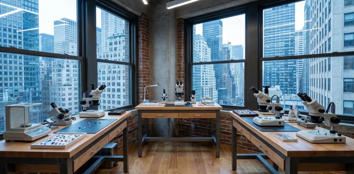 A compact high-floor laboratory with benches on three sides, city towers close outside the windows.