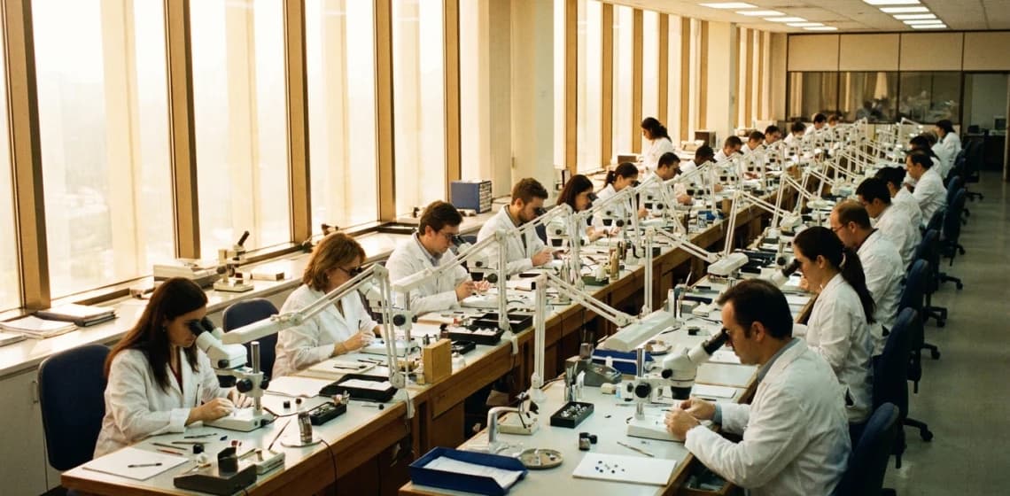 A long row of grading benches seen down its length, gemmologists at microscopes along a window wall in bright daylight.