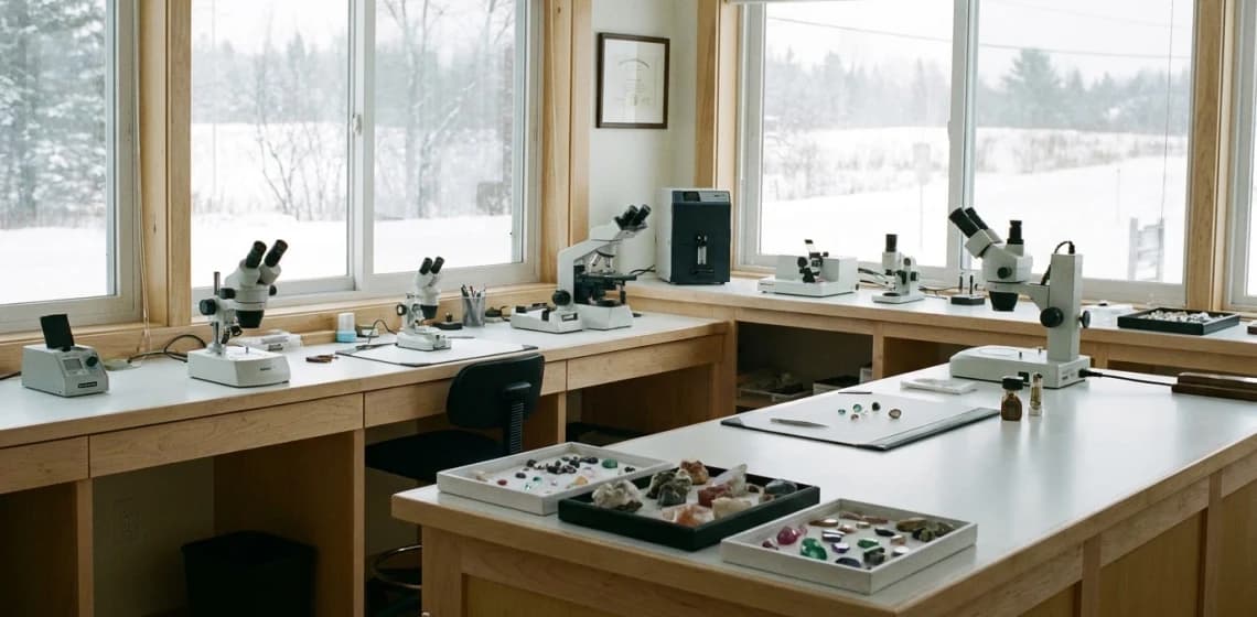A quiet laboratory in pale wood and white, trays of coloured stones on the bench and snow-covered ground beyond the windows.