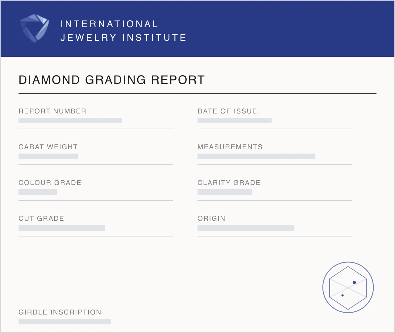The natural diamond report: a deep blue masthead over ruled grading fields and a clarity plot.