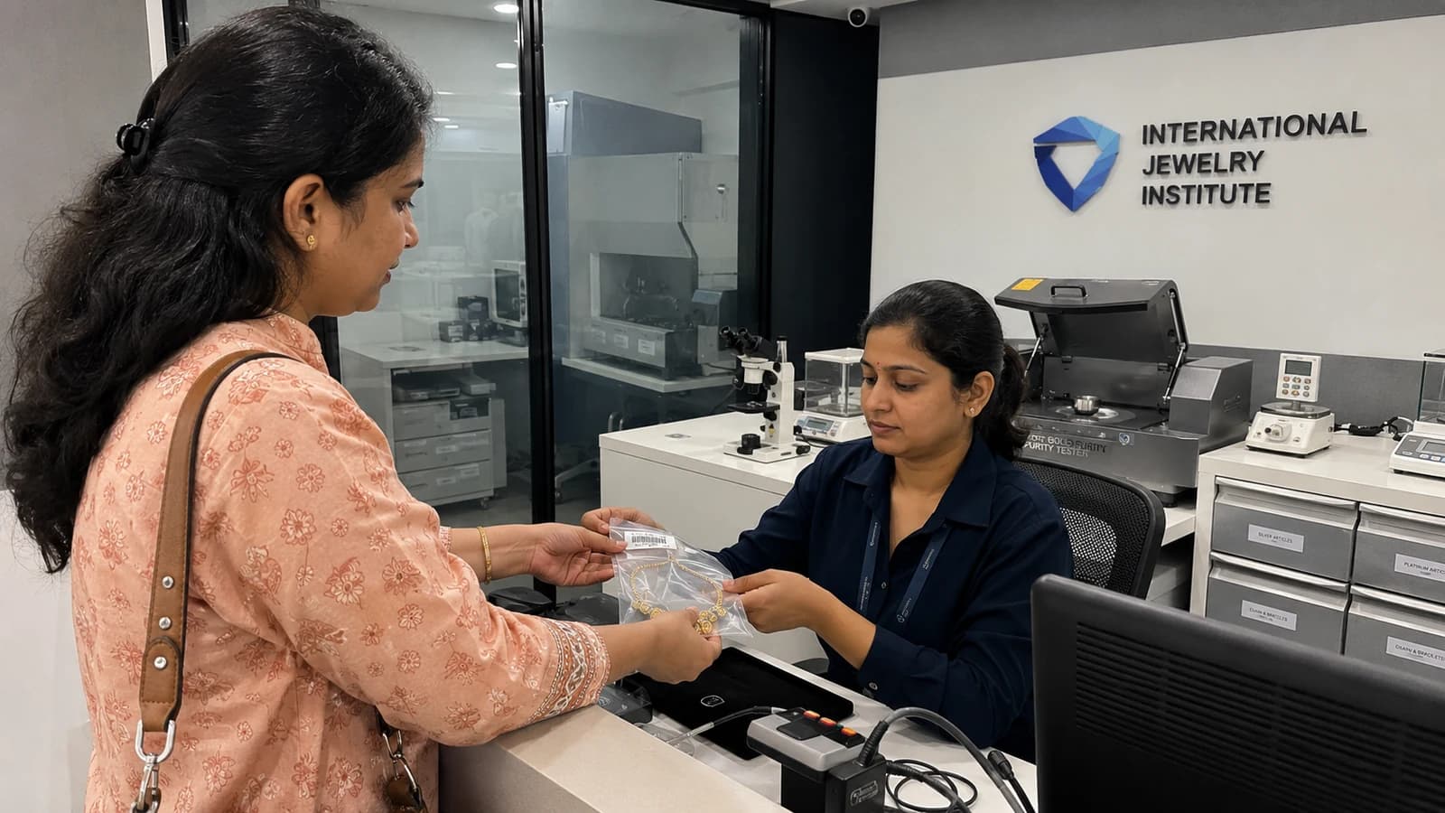 A client hands a sealed bag of gold jewellery across the take-in counter to a member of laboratory staff, testing instruments on the bench behind her.