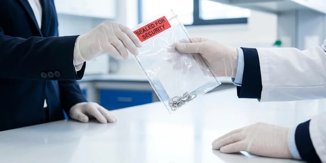 A client hands a transparent bag of jewellery, sealed with a security label, across a counter to gloved laboratory staff.