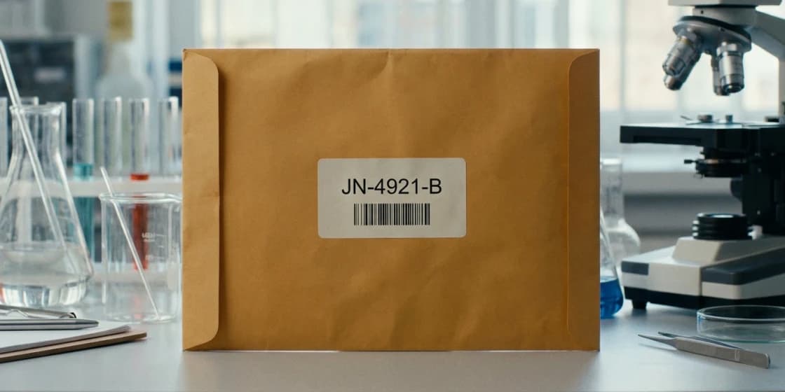 A sealed envelope standing on a laboratory bench, carrying only a printed job number and barcode — no name and no address.