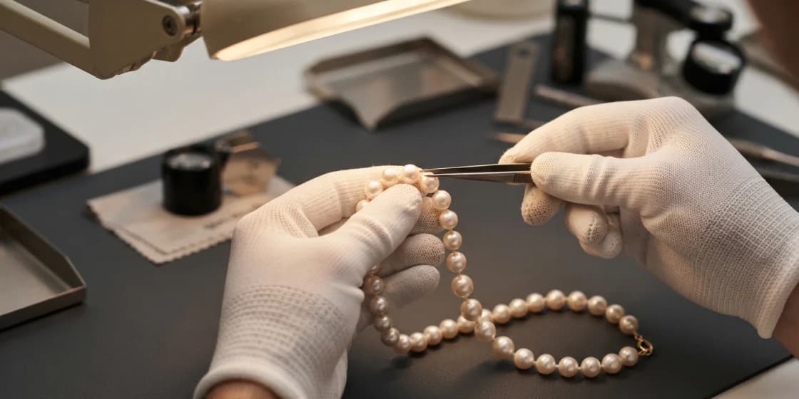 Gloved hands holding a strand of pearls under a bench lamp, lifting one pearl clear with tweezers.
