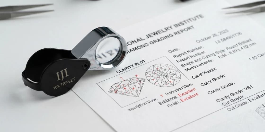 A finished grading report lying on a bench with a loupe resting on it, its clarity plot and grades visible.
