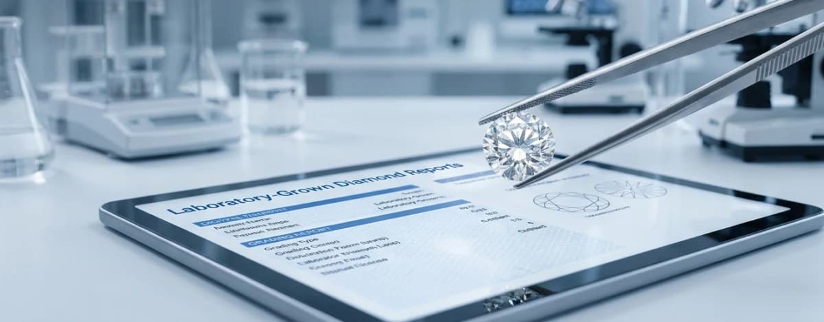A round brilliant held in tweezers above a tablet showing a laboratory-grown diamond report.