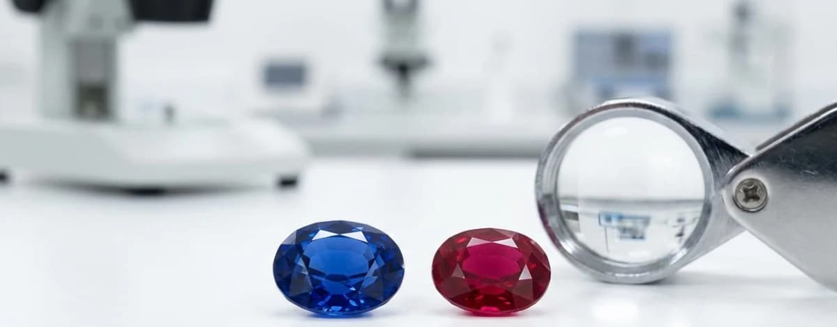 An oval blue sapphire and an oval red ruby standing side by side on a white bench, a loupe behind them.