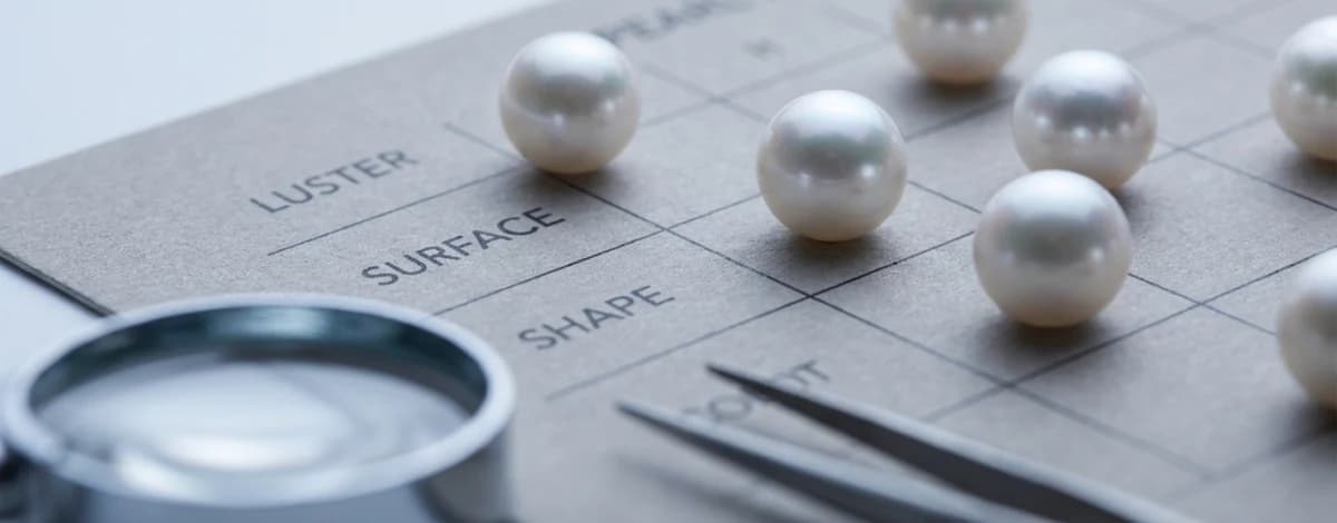 Loose white pearls set out on a card ruled for lustre, surface and shape, with tweezers and a loupe alongside.