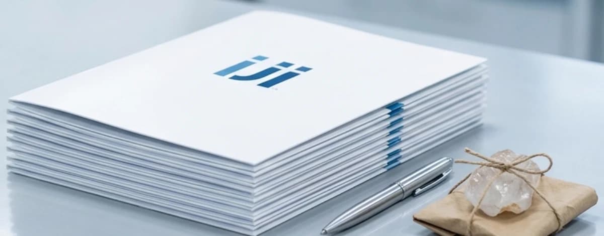 A stack of bound reports on a bench beside a pen and a rough crystal tied into a paper parcel.