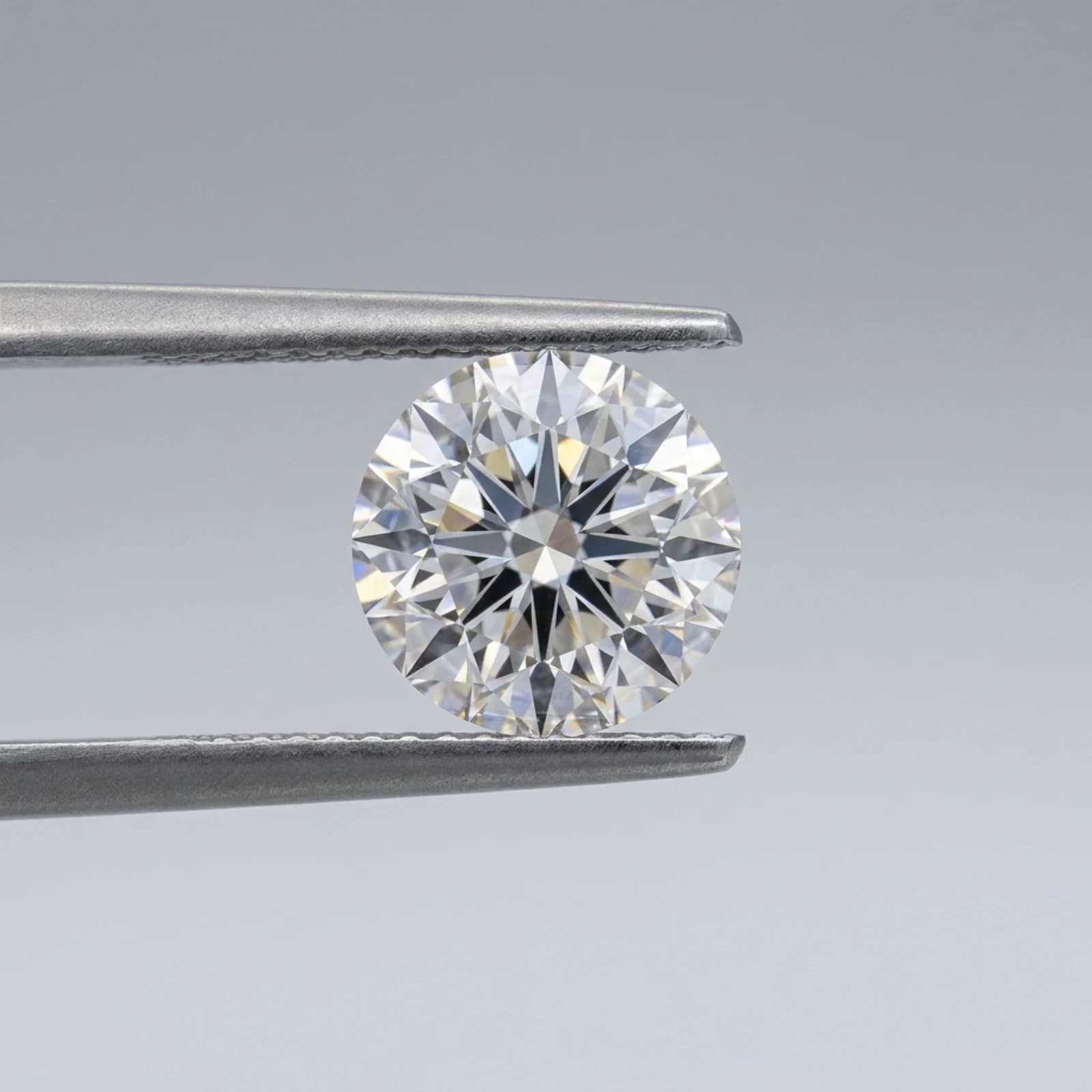 A round brilliant diamond held square to the camera in metal tweezers against a plain grey ground.