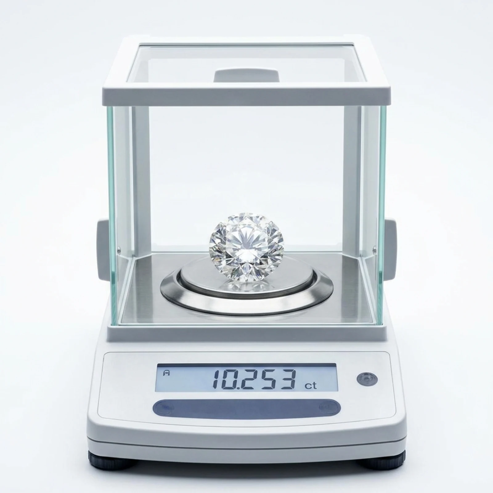 A single round brilliant on the pan of a precision balance behind its glass draught shield, the display reading a carat weight.
